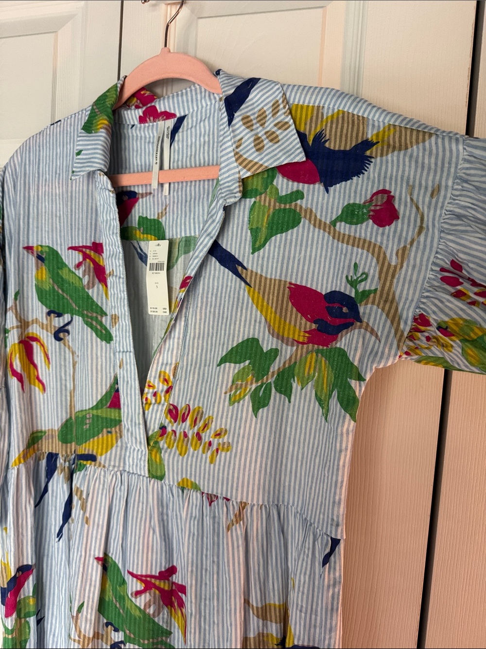 Anthropologie Light Blue Striped Maxi Dress with Colorful Parrot Print - Picture 5 of 5